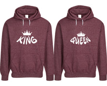 Cargar imagen en el visor de la galería, King and Queen pullover speckle hoodies, Matching couple hoodies, Burgundy his and hers man and woman contrast raglan hoodies

