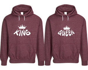 King and Queen pullover speckle hoodies, Matching couple hoodies, Burgundy his and hers man and woman contrast raglan hoodies