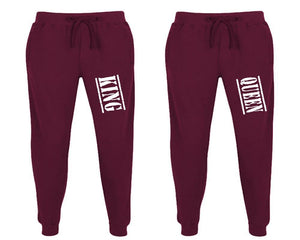 King and Queen matching jogger pants, Burgundy sweatpants for mens, jogger set womens. Matching couple joggers.