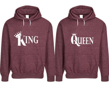 Cargar imagen en el visor de la galería, King and Queen pullover speckle hoodies, Matching couple hoodies, Burgundy his and hers man and woman contrast raglan hoodies
