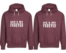 將圖片載入圖庫檢視器 She&#39;s My Forever and He&#39;s My Forever pullover speckle hoodies, Matching couple hoodies, Burgundy his and hers man and woman contrast raglan hoodies
