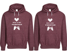 Load image into Gallery viewer, She&#39;s My Forever and He&#39;s My Forever pullover speckle hoodies, Matching couple hoodies, Burgundy his and hers man and woman contrast raglan hoodies

