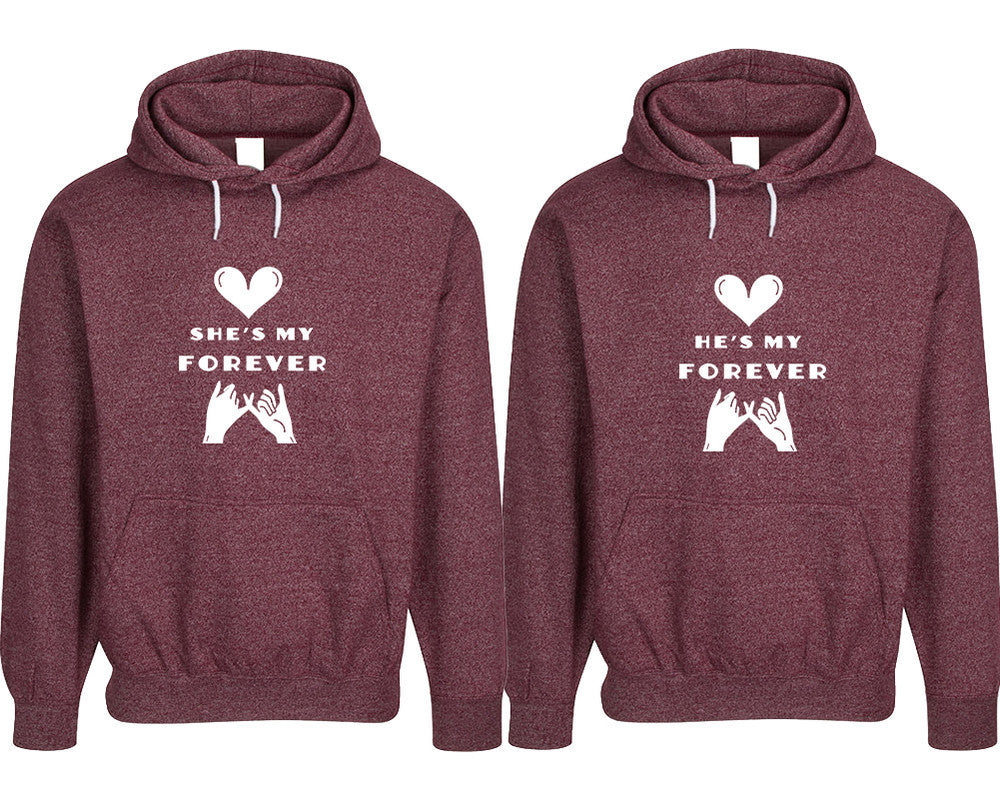 She's My Forever and He's My Forever pullover speckle hoodies, Matching couple hoodies, Burgundy his and hers man and woman contrast raglan hoodies