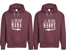 Load image into Gallery viewer, She&#39;s My Baby Mama and He&#39;s My Baby Daddy pullover speckle hoodies, Matching couple hoodies, Burgundy his and hers man and woman contrast raglan hoodies
