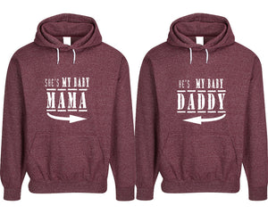 She's My Baby Mama and He's My Baby Daddy pullover speckle hoodies, Matching couple hoodies, Burgundy his and hers man and woman contrast raglan hoodies