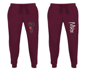 Soul and Mate matching jogger pants, Burgundy sweatpants for mens, jogger set womens. Matching couple joggers.