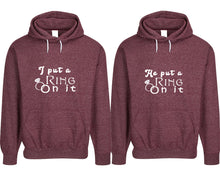 Cargar imagen en el visor de la galería, I Put a Ring On It and He Put a Ring On It pullover speckle hoodies, Matching couple hoodies, Burgundy his and hers man and woman contrast raglan hoodies
