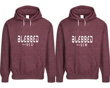 Cargar imagen en el visor de la galería, Blessed for Her and Blessed for Him pullover speckle hoodies, Matching couple hoodies, Burgundy his and hers man and woman contrast raglan hoodies
