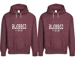 Blessed for Her and Blessed for Him pullover speckle hoodies, Matching couple hoodies, Burgundy his and hers man and woman contrast raglan hoodies