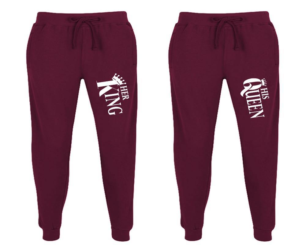 Her King and His Queen matching jogger pants, Burgundy sweatpants for mens, jogger set womens. Matching couple joggers.