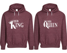 Load image into Gallery viewer, Her King and His Queen pullover speckle hoodies, Matching couple hoodies, Burgundy his and hers man and woman contrast raglan hoodies
