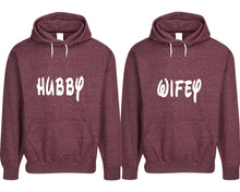 將圖片載入圖庫檢視器 Hubby and Wifey pullover speckle hoodies, Matching couple hoodies, Burgundy his and hers man and woman contrast raglan hoodies
