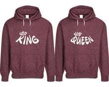 Load image into Gallery viewer, Her King and His Queen pullover speckle hoodies, Matching couple hoodies, Burgundy his and hers man and woman contrast raglan hoodies
