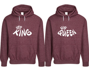 Her King and His Queen pullover speckle hoodies, Matching couple hoodies, Burgundy his and hers man and woman contrast raglan hoodies