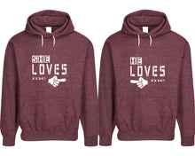 Load image into Gallery viewer, She Loves Me and He Loves Me pullover speckle hoodies, Matching couple hoodies, Burgundy his and hers man and woman contrast raglan hoodies
