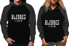 Load image into Gallery viewer, Blessed for Her and Blessed for Him raglan hoodies, Matching couple hoodies, Charcoal Black his and hers man and woman contrast raglan hoodies
