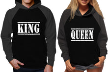 Load image into Gallery viewer, King and Queen raglan hoodies, Matching couple hoodies, Charcoal Black King Queen design on man and woman hoodies
