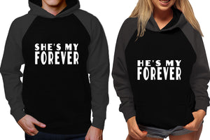 She's My Forever and He's My Forever raglan hoodies, Matching couple hoodies, Charcoal Black his and hers man and woman contrast raglan hoodies