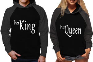 Her King and His Queen raglan hoodies, Matching couple hoodies, Charcoal Black King Queen design on man and woman hoodies