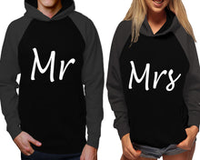 Load image into Gallery viewer, Mr and Mrs raglan hoodies, Matching couple hoodies, Charcoal Black his and hers man and woman contrast raglan hoodies
