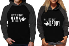 Load image into Gallery viewer, She&#39;s My Baby Mama and He&#39;s My Baby Daddy raglan hoodies, Matching couple hoodies, Charcoal Black his and hers man and woman contrast raglan hoodies
