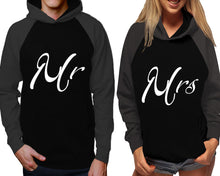 將圖片載入圖庫檢視器 Mr and Mrs raglan hoodies, Matching couple hoodies, Charcoal Black his and hers man and woman contrast raglan hoodies

