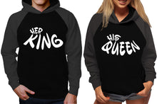 將圖片載入圖庫檢視器 Her King and His Queen raglan hoodies, Matching couple hoodies, Charcoal Black King Queen design on man and woman hoodies
