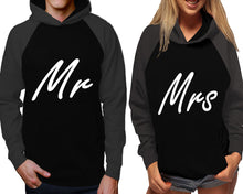 Charger l&#39;image dans la galerie, Mr and Mrs raglan hoodies, Matching couple hoodies, Charcoal Black his and hers man and woman contrast raglan hoodies

