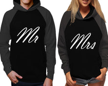 Cargar imagen en el visor de la galería, Mr and Mrs raglan hoodies, Matching couple hoodies, Charcoal Black his and hers man and woman contrast raglan hoodies
