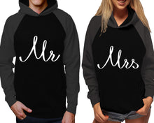 Load image into Gallery viewer, Mr and Mrs raglan hoodies, Matching couple hoodies, Charcoal Black his and hers man and woman contrast raglan hoodies
