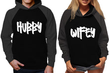 Load image into Gallery viewer, Hubby and Wifey raglan hoodies, Matching couple hoodies, Charcoal Black King Queen design on man and woman hoodies
