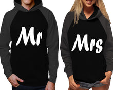Cargar imagen en el visor de la galería, Mr and Mrs raglan hoodies, Matching couple hoodies, Charcoal Black his and hers man and woman contrast raglan hoodies
