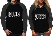 Load image into Gallery viewer, King and Queen raglan hoodies, Matching couple hoodies, Charcoal Black King Queen design on man and woman hoodies

