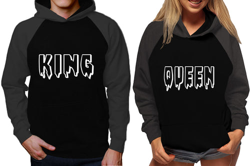 King and Queen raglan hoodies, Matching couple hoodies, Charcoal Black King Queen design on man and woman hoodies