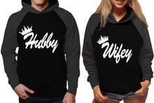 Cargar imagen en el visor de la galería, Hubby and Wifey raglan hoodies, Matching couple hoodies, Charcoal Black King Queen design on man and woman hoodies
