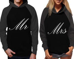 Mr and Mrs raglan hoodies, Matching couple hoodies, Charcoal Black his and hers man and woman contrast raglan hoodies
