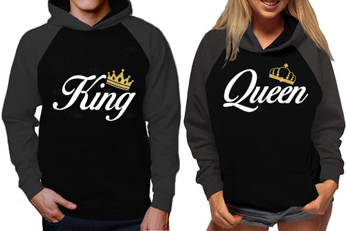 King and Queen raglan hoodies, Matching couple hoodies, Charcoal Black King Queen design on man and woman hoodies