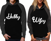 Load image into Gallery viewer, Hubby and Wifey raglan hoodies, Matching couple hoodies, Charcoal Black his and hers man and woman contrast raglan hoodies
