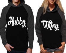 Cargar imagen en el visor de la galería, Hubby and Wifey raglan hoodies, Matching couple hoodies, Charcoal Black his and hers man and woman contrast raglan hoodies
