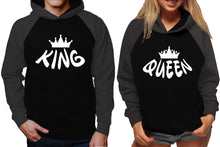 將圖片載入圖庫檢視器 King and Queen raglan hoodies, Matching couple hoodies, Charcoal Black King Queen design on man and woman hoodies
