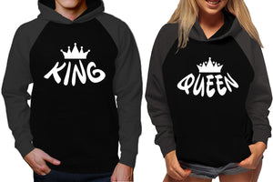 King and Queen raglan hoodies, Matching couple hoodies, Charcoal Black King Queen design on man and woman hoodies