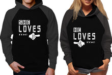 Load image into Gallery viewer, She Loves Me and He Loves Me raglan hoodies, Matching couple hoodies, Charcoal Black his and hers man and woman contrast raglan hoodies
