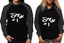 Load image into Gallery viewer, She&#39;s My Number 1 and He&#39;s My Number 1 raglan hoodies, Matching couple hoodies, Charcoal Black his and hers man and woman contrast raglan hoodies
