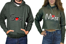 Cargar imagen en el visor de la galería, Soul and Mate hoodies, Matching couple hoodies, Charcoal pullover hoodie for man Charcoal crop top hoodie for woman
