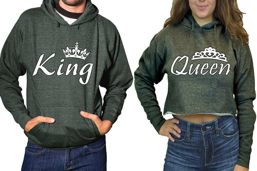 King and Queen hoodies, Matching couple hoodies, Charcoal pullover hoodie for man Charcoal crop top hoodie for woman