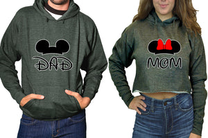 Dad and Mom hoodies, Matching couple hoodies, Charcoal pullover hoodie for man Charcoal crop hoodie for woman