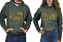 Cargar imagen en el visor de la galería, King and Queen hoodies, Matching couple hoodies, Charcoal pullover hoodie for man Charcoal crop top hoodie for woman
