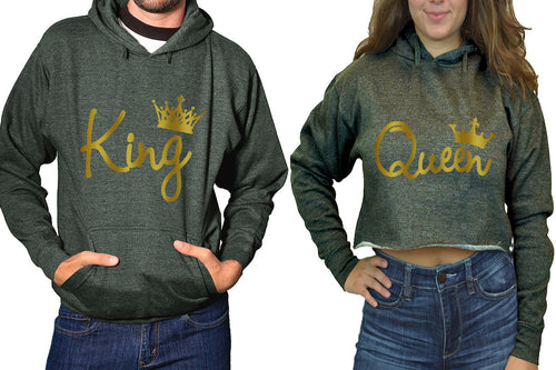 King and Queen hoodies, Matching couple hoodies, Charcoal pullover hoodie for man Charcoal crop top hoodie for woman