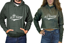 Load image into Gallery viewer, Her King and His Queen hoodies, Matching couple hoodies, Charcoal pullover hoodie for man Charcoal crop hoodie for woman

