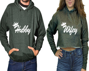 Hubby and Wifey hoodies, Matching couple hoodies, Charcoal pullover hoodie for man Charcoal crop top hoodie for woman